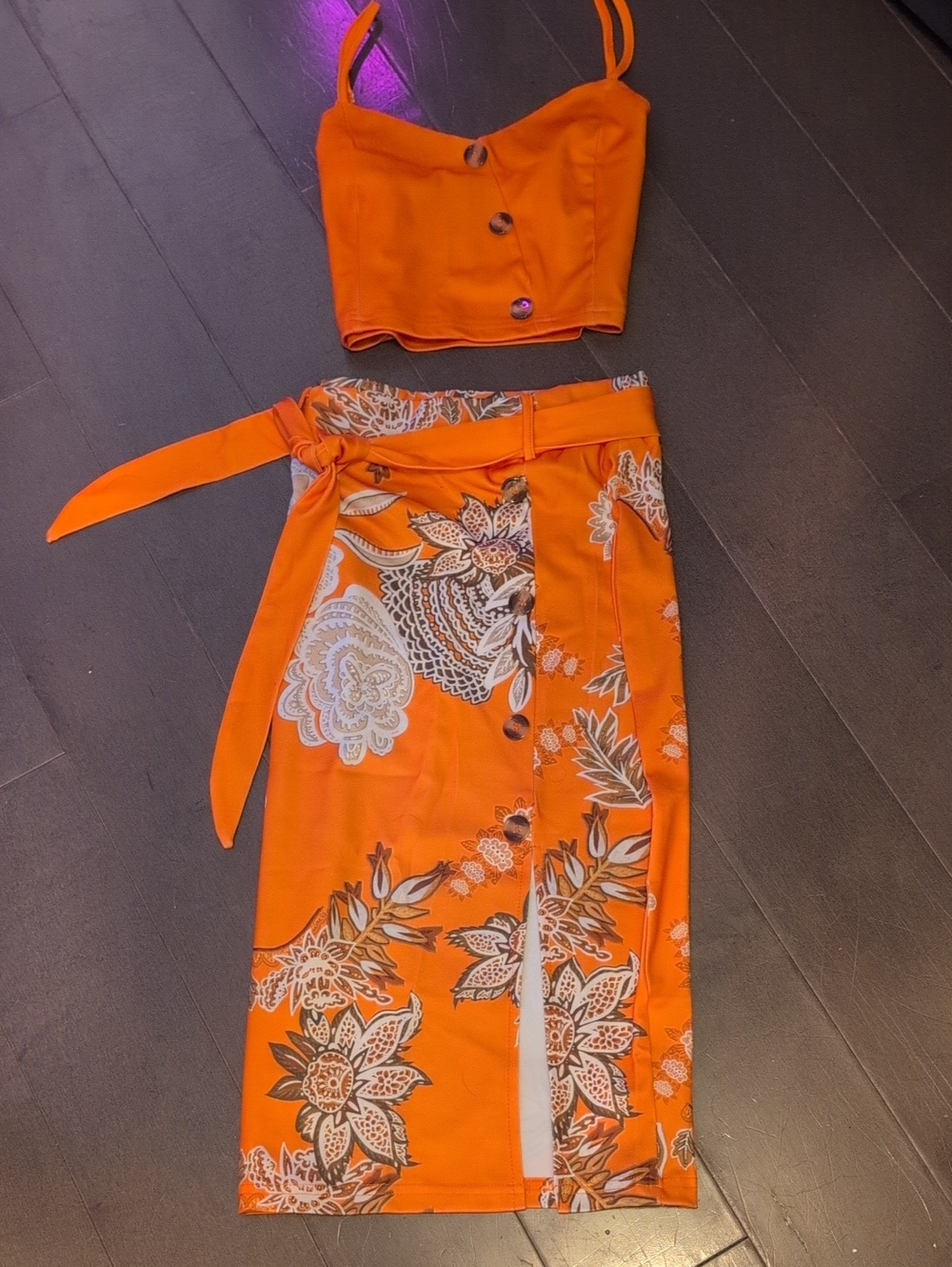 H&M Women's Orange Floral Wrap Pencil Skirt With Matching Crop Top